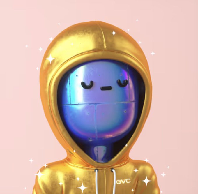A figure wearing a gold hooded sweatshirt displays a metallic blue, reflective face mask with a serene expression, set against a pink background with sparkles and 'GVC' text.