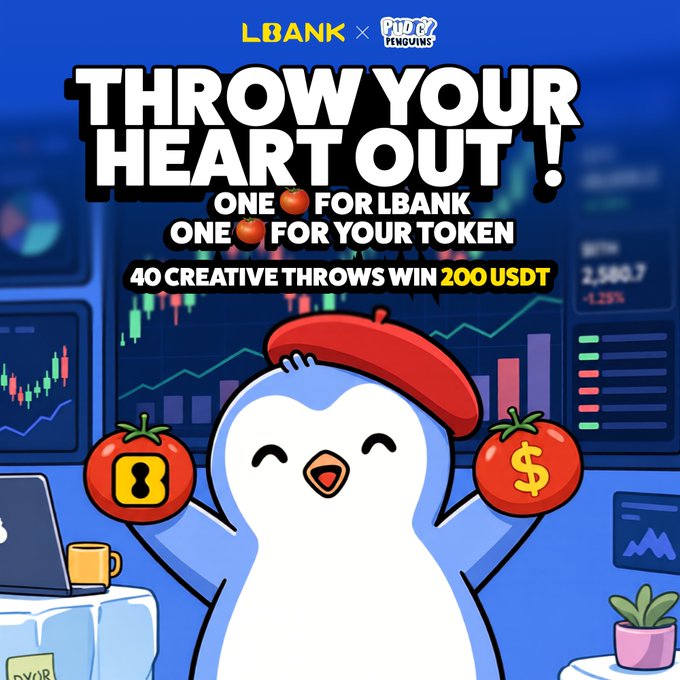 A cheerful cartoon penguin wearing a red beret holds two tomatoes—one marked with an "L" (LBank logo) and one with a "$"—beneath the bold text "THROW YOUR HEART OUT! ONE 🍅 FOR LBANK, ONE 🍅 FOR YOUR TOKEN. 40 CREATIVE THROWS WIN 200 USDT," promoting a LBank x Pudgy Penguins social media contest. The accompanying post announces the Tomatina Splat giveaway winners, with 200 USDT prizes credited to their LBank accounts, directly tying the playful tomato-throwing theme to the completed crypto giveaway.