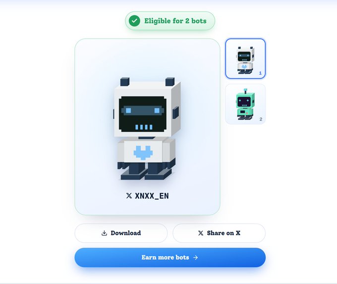 A digital interface displays a 3D voxel-style robot avatar for user 'XNXX_EN', indicating eligibility for 2 bots and offering buttons to download, share on X, or earn more bots.