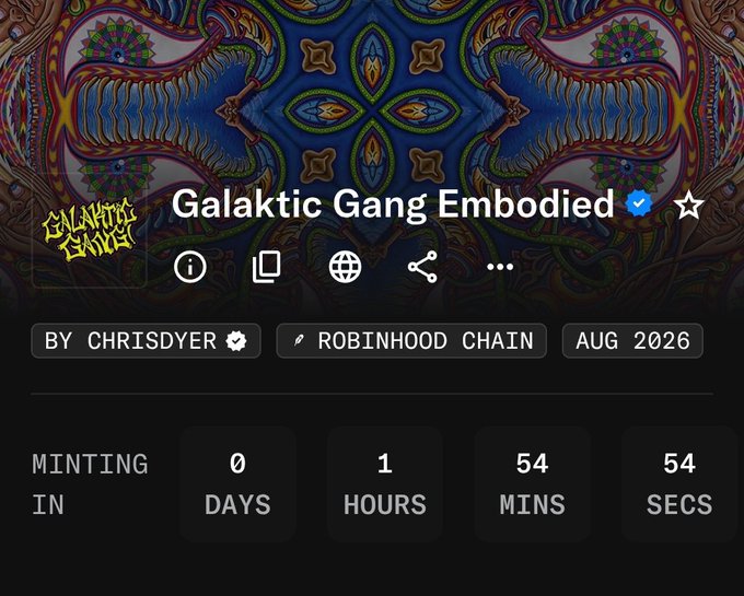 A digital art/NFT collection page titled 'Galaktic Gang Embodied' by ChrisDyer on the Robinhood Chain, set to mint in August 2026 with a countdown timer showing 0 days, 1 hour, 54 minutes, 54 seconds.
