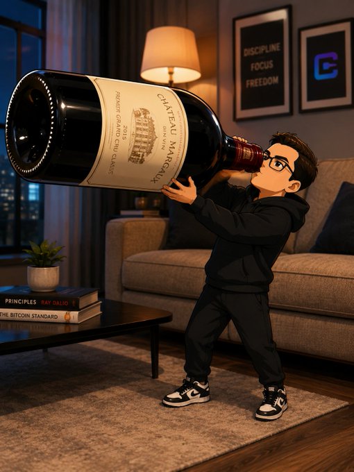 Image 8: A cartoonish depiction of a young man with glasses struggling to drink from an oversized Château Margaux wine bottle in a living room with 'DISCIPLINE FOCUS FREEDOM' and 'PRINCIPLES' wall art.