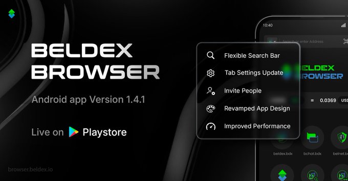 An advertisement for Beldex Browser, Android app Version 1.4.1, available on PlayStore, highlighting features like Flexible Search Bar, Tab Settings Update, and Revamped App Design.
