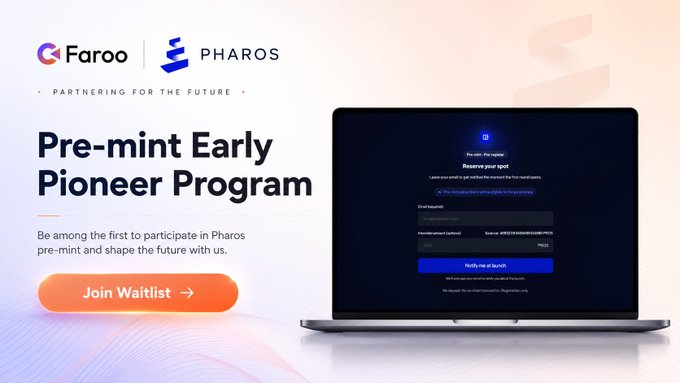 The image features a laptop computer with a screen displaying a page from the Pre-mint Early Pioneer Program, which is an initiative by Faroo. The program allows users to invest their tokens into the stPROS network and potentially earn rewards or credits in return for their investment. The text on the image indicates that this program is open to anyone who has been waiting for a real way to put their tokens to work. It also mentions that native staking is not live yet, but it's important to focus on what's in the image and how it relates to the post about joining the waitlist.