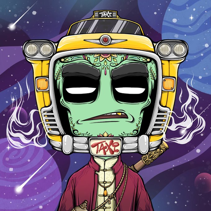 The image features a cartoon character wearing a yellow taxi cab hat, standing against a purple background with planets visible behind him. The character has a red scarf around his neck and holds a sword in one hand while wearing a gold necklace. There are also some text elements present in the image, including "I just got onboarded from @cillygirl1977 to @Frens_Factory in @EnergyWabbits space today" and "@100GrandVan @LalaMetaX @XGinsu - @solflare @QuakeyXR @XGinsu-@solflare". The character appears to be a part of the post, possibly promoting or discussing the content.