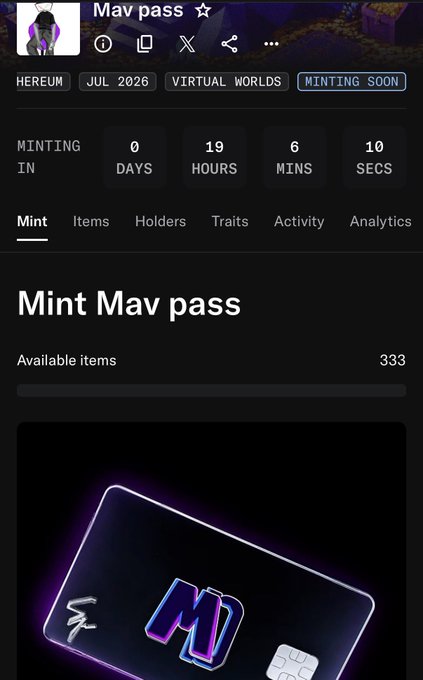 A mobile screen displaying the 'Mav pass' NFT minting page, showing a countdown of 0 days, 19 hours, 6 minutes, and 10 seconds until release in July 2026.