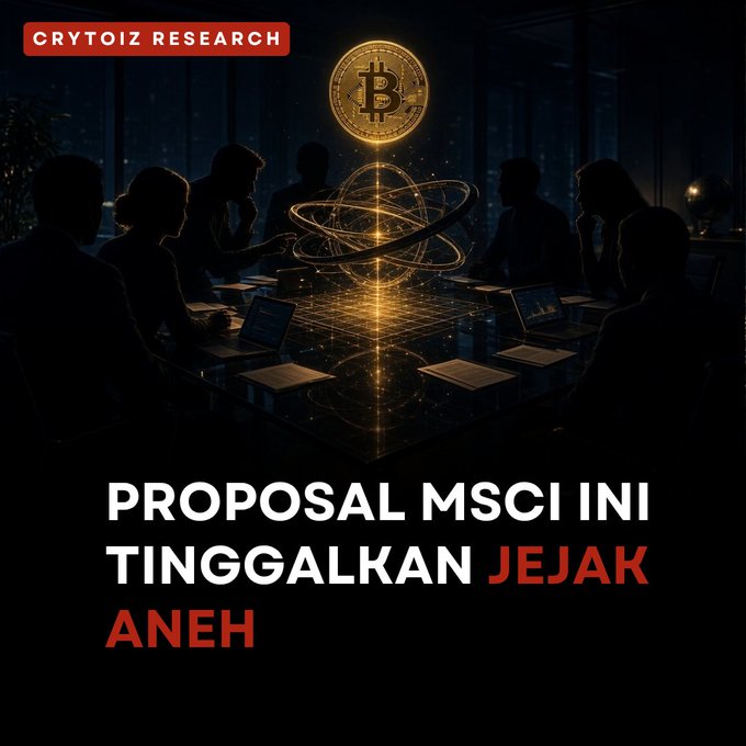 A digital graphic with a dark background showing silhouettes of people around a glowing Bitcoin hologram; text reads 'CRYTOIZ RESEARCH' and 'PROPOSAL MSCI INI TINGGALKAN JEJAK ANEH'.