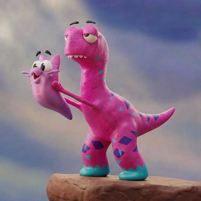 Two cartoonish 3D-rendered dinosaurs, one large pink and one small purple, stand on a rocky outcrop against a cloudy sky background.