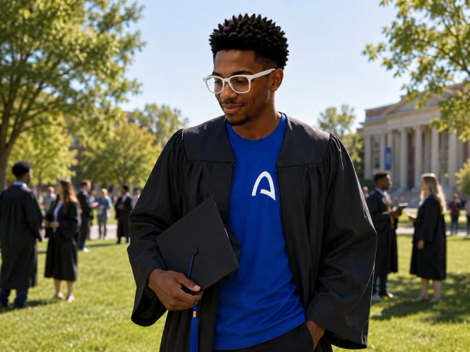A young man wearing glasses, a blue t-shirt, and a black graduation gown holds a diploma cover on a college campus, with other graduates in the background.