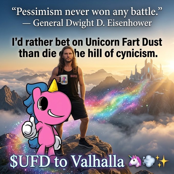 A meme promoting '$UFD to Valhalla' featuring a man holding a unicorn mug next to a cartoon pink unicorn, with a quote from Eisenhower: 'Pessimism never won any battle.'