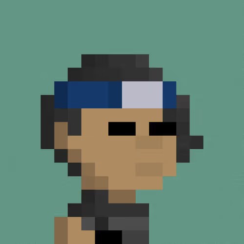 Pixel art style portrait of a person with dark hair and sunglasses on a teal background.