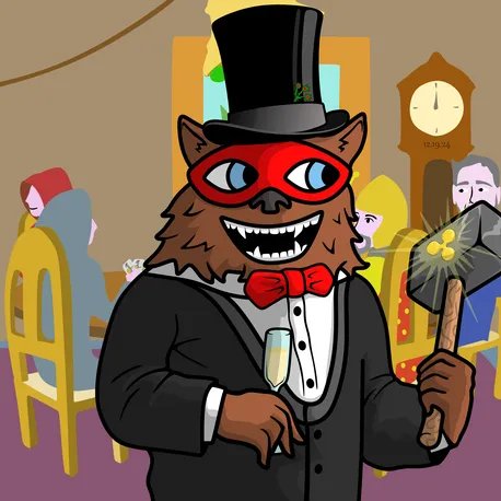 A cartoon illustration of a grinning furry creature wearing a black top hat, red masquerade mask, red bow tie, and tuxedo, holding a champagne glass and a mallet, with a grandfather clock in the background.