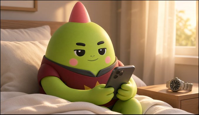 A 3D-rendered green cartoon character with a red mohawk and pink cheeks sitting on a bed while looking at a smartphone, with a luxury watch on the nightstand beside it.