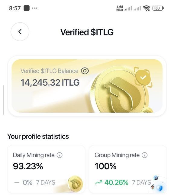 The image shows a mobile app screen displaying a "Verified $ITLG Balance" of 14,245.32 ITLG, along with profile statistics showing a Daily Mining rate of 93.23% (0% over 7 days) and a Group Mining rate of 100% (40.26% over 7 days). The screen illustrates the result of completing KYC verification, as referenced in the post about receiving verified ITLG tokens through the verification process for the ITLG migration.