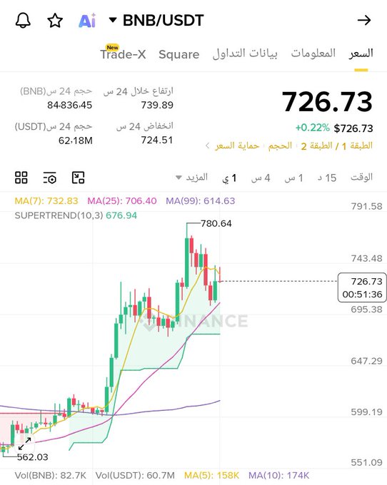 A Binance mobile app chart displays BNB/USDT trading at $726.73, up 0.22% in 24 hours with a high of $739.89 and a 24-hour BNB volume of 84,836.45. The candlestick chart shows a strong uptrend with MA(7) at 732.83 and a peak at $780.64, visually reinforcing the post's positive fundamental outlook on BNB following the "Pasteur hard fork" upgrade that improved network efficiency.