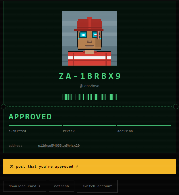 A ZADDR whitelist approval card for @LensMoso with code 'ZA-1BRBX9', showing a pixel art avatar with a red cap, displaying the wallet address 'u126mad54033...m5h4cx29' and options to download the card or switch account.