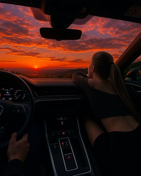 A woman with a ponytail sits in the passenger seat of a car, looking out at a vibrant orange and red sunset over a mountainous landscape.
