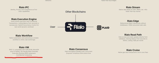 Architecture diagram of the Rialo blockchain ecosystem, highlighting features like Rialo IPC, Execution Engine, Workflow, VM (underlined in red), Consensus, Cruise, Stream, Edge, and Read Path, connected to other blockchains via PLAID.