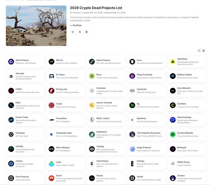The image displays a "2026 Crypto Dead Projects List" by RootData, showing 62 blockchain/crypto projects that ceased operations in 2026, including names like Quiet Finance, Micro3, Oura, OpenBank, and Voodoo. The list is used to contrast the failures of these 62 defunct projects with the post's celebration of $s (Sonic) surviving a 99% drop, positioning it as one of the rare survivors amid widespread project collapses.