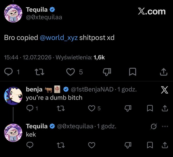 A Twitter exchange shows @0xtequilaa accusing someone of copying @world_xyz's shitpost, to which @1stBenjaNAD replies "you're a dumb bitch," prompting Tequila to respond with "kek." The post is captioned "ladies and gentlemen…. monad community," suggesting it mocks a hostile or immature interaction within the Monad crypto community as a representative example of its culture.