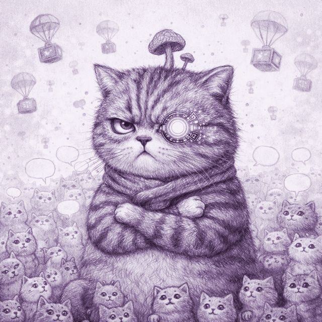 A purple-toned pencil drawing of a serious-looking cat with a glowing mechanical eye and a mushroom growing from its head, surrounded by a crowd of smaller cats and floating boxes with parachutes.