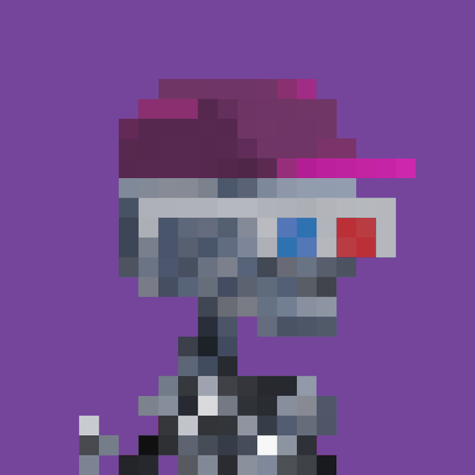 A pixel art character with a large pink/purple head, wearing futuristic VR-style glasses with a red accent, set against a solid purple background.