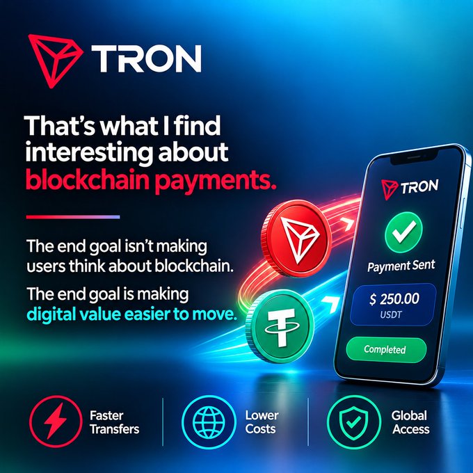 Promotional graphic for TRON blockchain featuring the text 'That's what I find interesting about blockchain payments' and highlighting 'Faster Transfers', 'Lower Costs', and 'Global Access' alongside a phone displaying a completed $250 USDT payment.