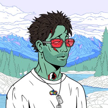 A green-skinned, zombie-like character with red sunglasses, a choker, and a dog tag necklace stands in front of a mountainous landscape. The zombified appearance likely represents "Web 3.0 me" compared to the normal "Web 2.0 me," playfully suggesting the user has been "infected" or transformed by their transition to Web 3.0.