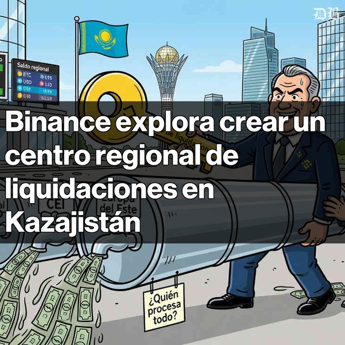 A Spanish-language political cartoon with the headline "Binance explora crear un centro regional de liquidaciones en Kazajistán," depicting a figure with a large key opening a pipe releasing dollar bills.