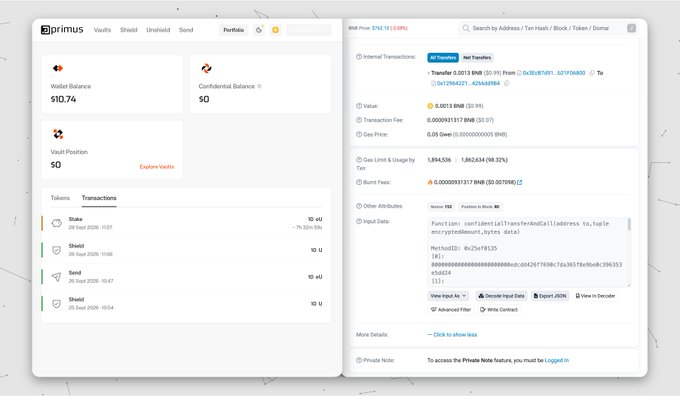 A cryptocurrency dashboard displays a wallet balance of $10.74, confidential balance of $0, vault position of $0, along with recent stake and shield transactions.