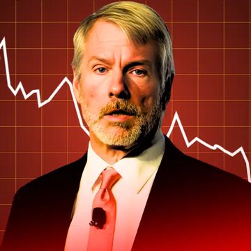 The image features a man wearing a suit with a pink tie over his white dress shirt, looking surprised. There are some text elements in the background that provide context about the situation he's in. One such element says "OH NO!!! SAYLOR JUST DUMPED 32 $BTC IS CRASHING ON THIS NEWSPAPER...", which implies that the man might be involved in a news story or event happening on these lines of text. The image is primarily red and black-and-white style with a focus on the man's expression and attire, suggesting it may depict an important moment related to current events or a dramatic situation involving money and wealth.