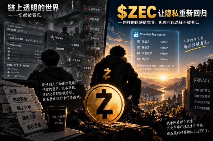 A split-view promotional image contrasting transparent blockchain transparency (showing wallet addresses, addresses, and transaction details for ETH/BTC) on the left with $ZEC's shielded privacy features ("让隐私重新回归") on the right, visually reinforcing the post's argument that while BTC/ETH face increasing regulatory transparency, Zec offers a privacy-focused alternative for the evolving market landscape.
