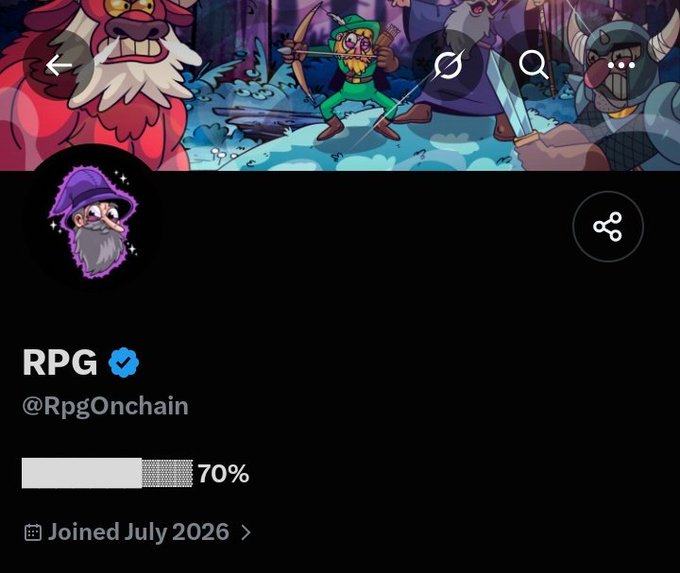 A profile for verified **RPG (@RpgOnchain)** shows fantasy game artwork, a 70% progress bar, and “Joined July 2026.” The post highlights it as an early find offering a 3-digit Genesis free mint on Robinhood Crypto.