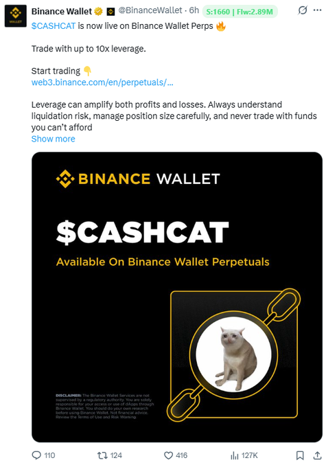 A tweet from @BinanceWallet announces that $CASHCAT is live on Binance Wallet Perps, featuring an image of a cat inside a Binance Wallet logo.