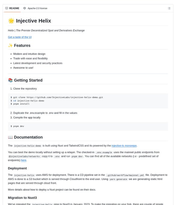 A GitHub README page for "Injective Helix", describing it as a decentralized sport and derivatives exchange, with installation instructions including git clone, npm install, and pnpm dev commands.