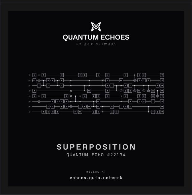 A black poster titled "QUANTUM ECHOES BY QUIP NETWORK" displaying a quantum circuit diagram for "SUPERPOSITION QUANTUM ECHO #22134" revealed at echoes.quip.network.