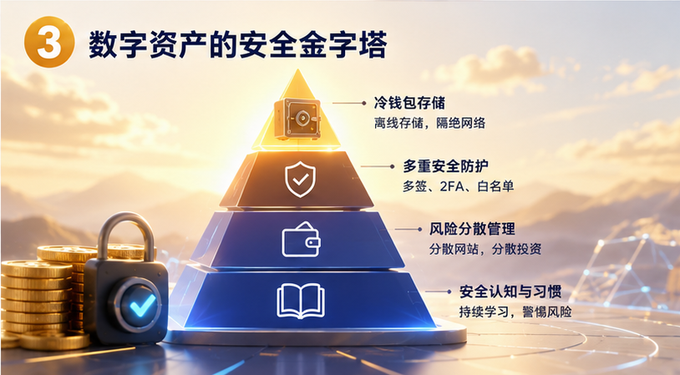 A pyramid infographic titled "3 数字资产的安全金字塔" (Digital Asset Security Pyramid) illustrates a four-tier framework for protecting crypto assets, from cold wallet storage (冷钱包存储) at the top, through multi-layered security protection (多重安全防护) including multi-signature and 2FA, to risk diversification (风险分散管理), and security awareness and habits (安全认知与习惯) at the base. The pyramid is flanked by gold coins and a padlock, visually reinforcing the post's message that true crypto security comes from layered defenses rather than relying on a single point of protection.