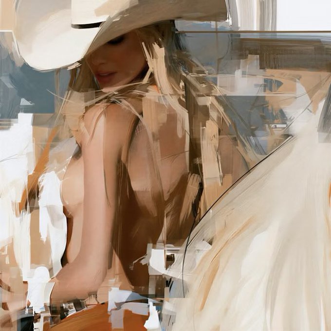 A painterly digital portrait depicts a woman wearing a wide-brimmed white hat, rendered with fragmented, expressive brushstrokes in earthy tones.