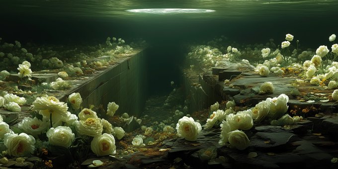 A dreamlike, atmospheric scene of white roses and flowers growing abundantly on the floor of a dark, flooded corridor or trench illuminated by a single shaft of light from above.