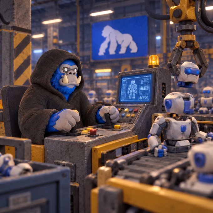 A blue gorilla character in a dark hoodie operates machinery on a production line, assembling small robots in a factory setting.