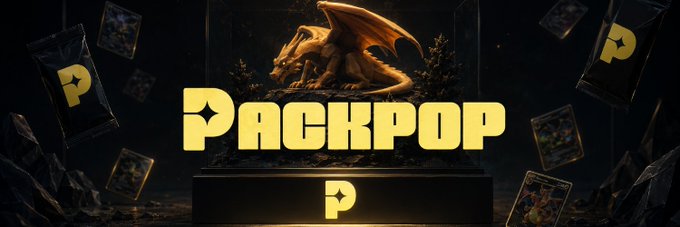 A promotional graphic displays the golden 'PACKPOP' logo with a 'P' emblem, set against a dark background featuring a dragon sculpture and floating collectible packs.