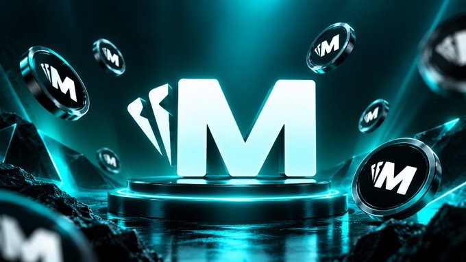 A 3D-rendered graphic showing a glowing white 'M' logo with 'IM' on surrounding coins, set against a cyan-lit futuristic background.