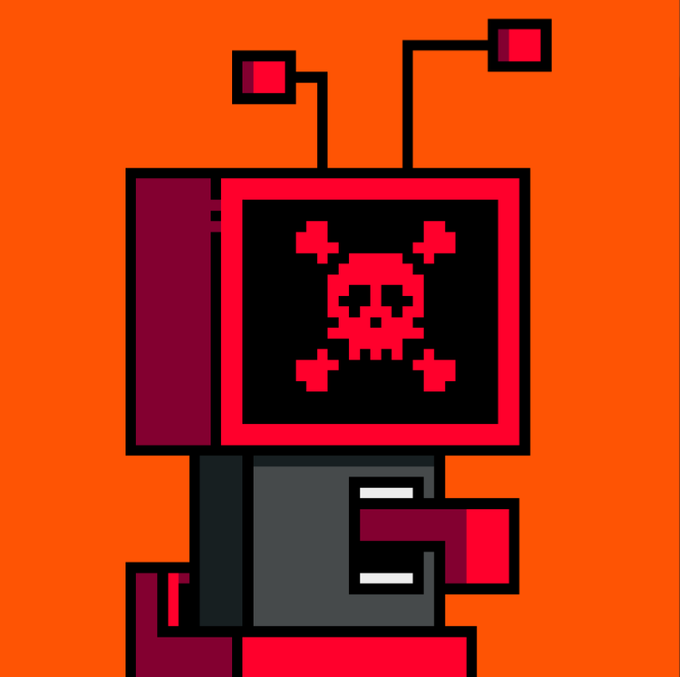 Pixel art of a retro red robot with a skull-and-crossbones on its screen face and antenna, set against a bright orange background.