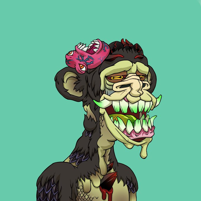 The image features a cartoon monkey with a face painted on its head, wearing a pink hat that has a fish design on it. The monkey's mouth is wide open, revealing teeth that are yellowed and stained. The background of the image is green, which contrasts with the monkey's appearance. There is also text in the image that reads "When ETH dips. And Floors dip. You pick up a MAYC." This could be a reference to the popular video game series "Maze Runner" or another game involving a character named Ethan.