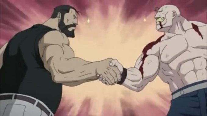 An anime-style illustration showing a bearded, muscular man in a black tank top shaking hands with a pale, scarred opponent in front of a dramatic red and orange background.