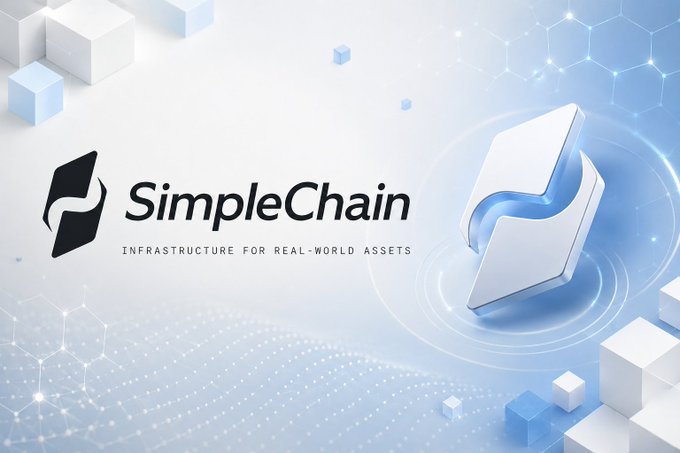 A promotional banner for 'SimpleChain' featuring a 3D blue and white cube logo with the tagline 'INFRASTRUCTURE FOR REAL-WORLD ASSETS' against a light blue hexagonal background.