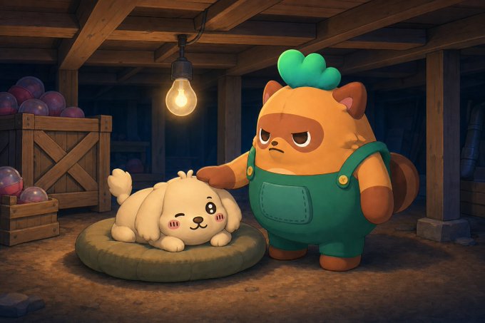A 3D-rendered illustration of a grumpy orange raccoon-like character in green overalls standing next to a cute white dog resting on a cushion, set in a wooden basement-like room with crates of items and a hanging lightbulb.