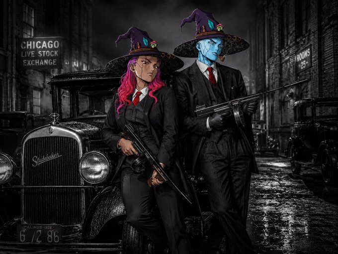 A stylized illustration of two figures in 1920s gangster attire with wizard hats holding firearms in front of a vintage Studebaker car, set against a 'CHICAGO LIVE STOCK EXCHANGE' backdrop with license plate '6 1/2 86'.