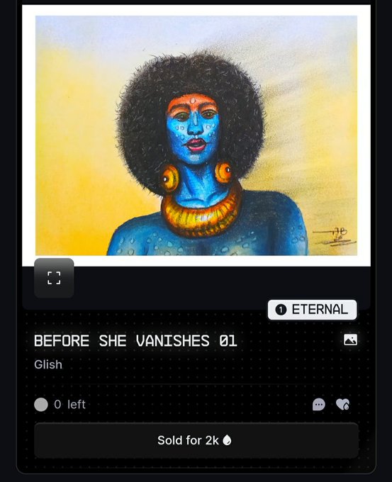 An NFT listing interface for artwork titled 'BEFORE SHE VANISHES 01' by Gliish, depicting a blue-skinned figure with an afro and gold jewelry, marked as SOLD for 2k ETH.