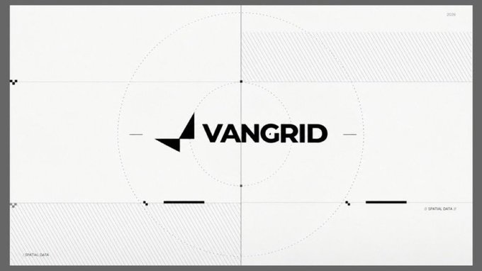 Minimalist graphic design featuring a logo with the word "VANGRID" next to a stylized geometric icon, set against a light gray background with technical alignment lines and crosshair markers resembling a design blueprint.