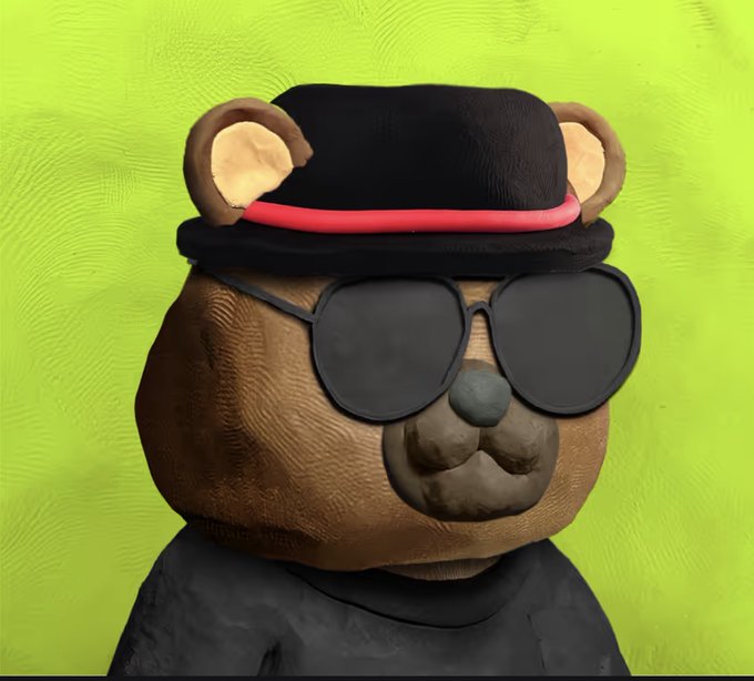 A 3D rendered brown bear character wearing black sunglasses and a black hat with a red band, set against a bright green background.